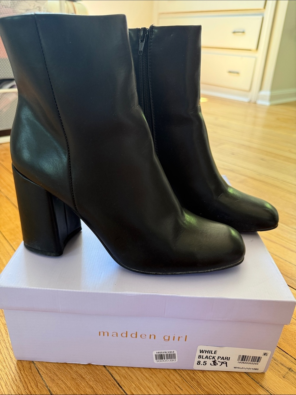 Madden Girl Black Block Heel Leather Ankle Boots